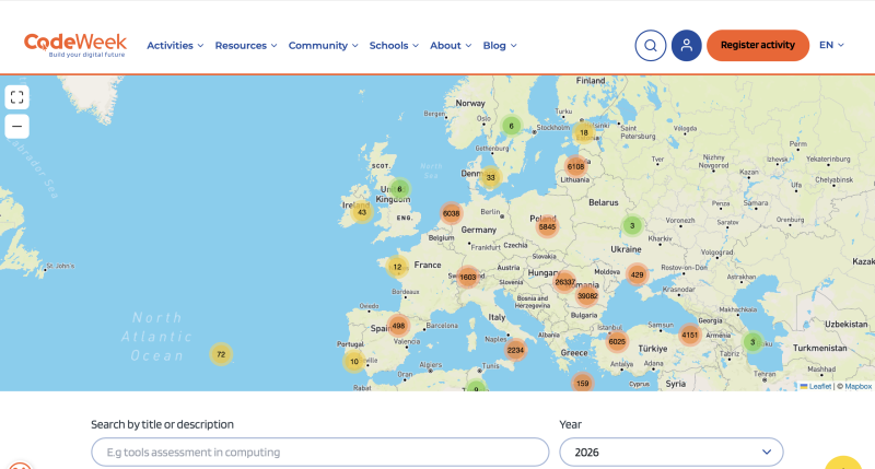 Screenshot of the EU CodeWeek activities map page on the EU CodeWeek website: it shows a map of Europe with circles showing the locations and number of activities. Under the map is a search field, where people visiting the EU CodeWeek website can type and search for specific types of activities. There is also a year filter, set to 2026, so people can see what's planned for this year, or see what happened in previous years.