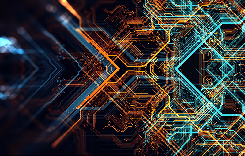 Abstract representation of digitalisation, data and technology, featuring intersecting lines of varying widths and solidity, some running together in parallel, others following independent paths. A sense of logical pathways, technology and energy, dynamic flow of data through electronic and intangible systems.